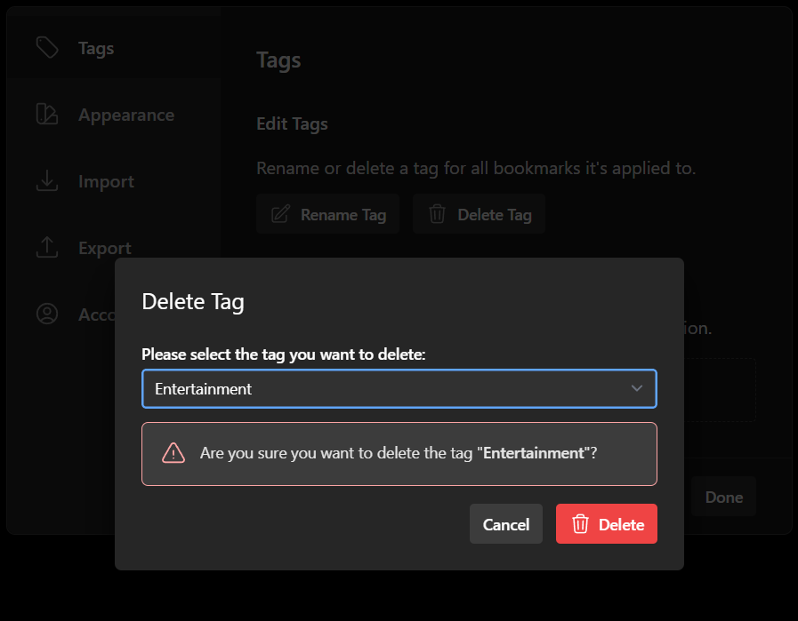 Screenshot of the delete tag dialog
