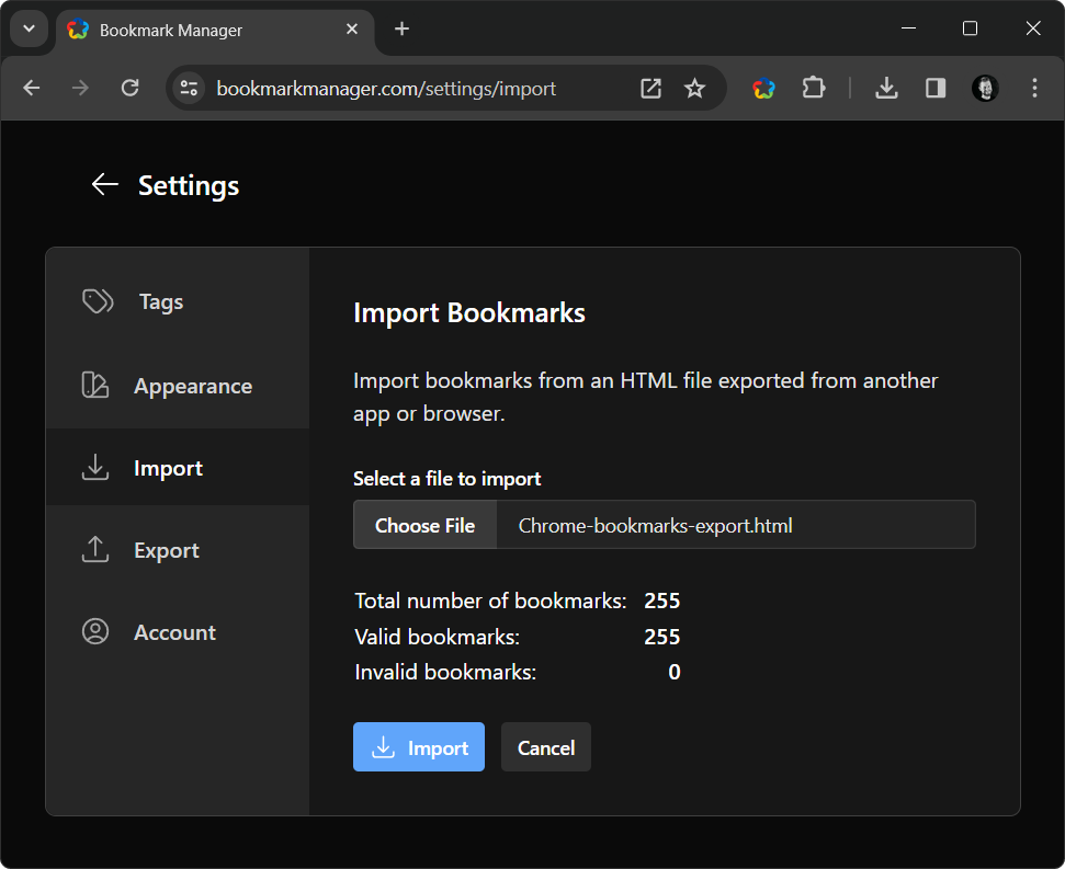 Screenshot of the import settings