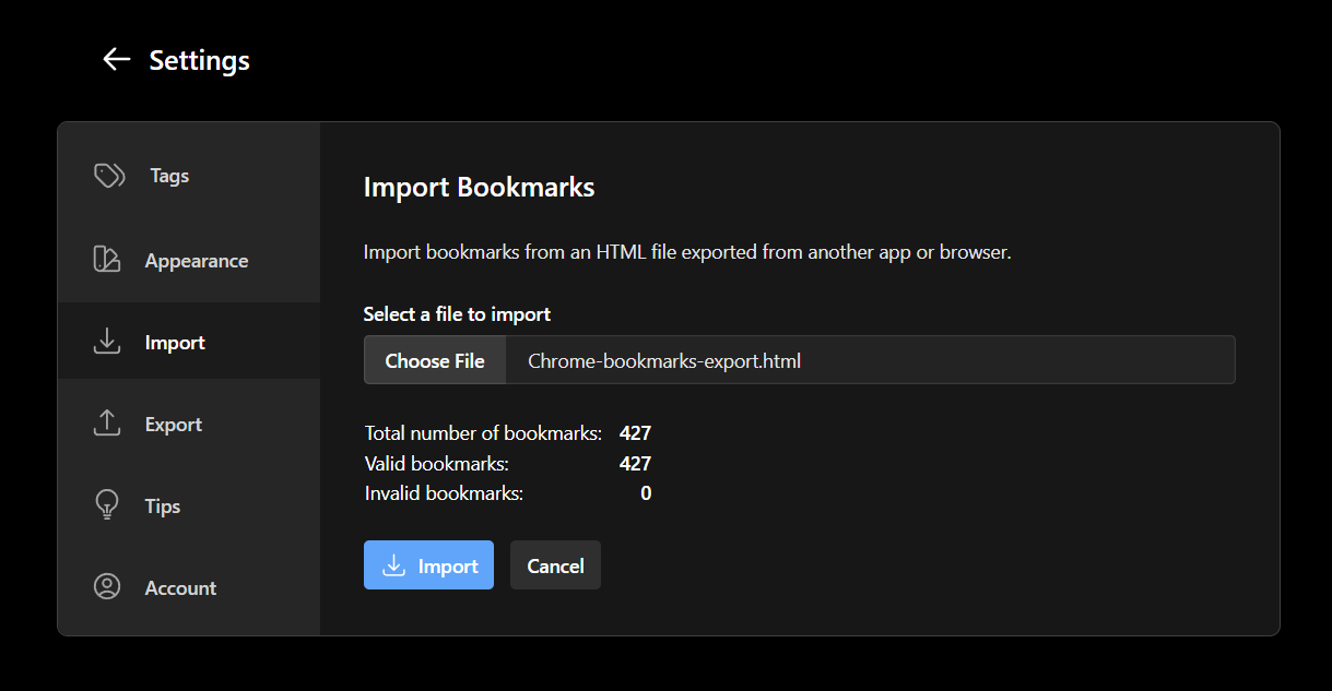 Screenshot of the import settings